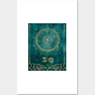 Gold Tarot Card Moon Phases and Ancient Astrology Symbols on Dark Blue Watercolor Paper Posters and Art